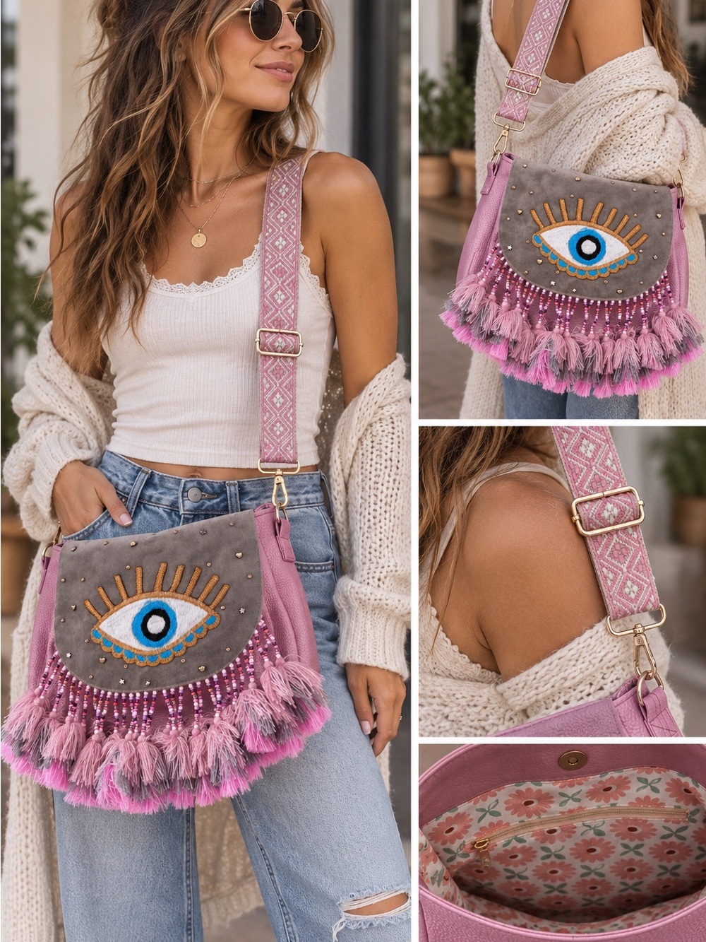 Pink Evil Eye Boho Tassel Crossbody Bag Beaded Fringe Statement Purse